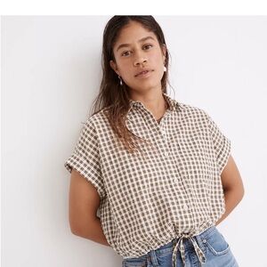 Madewell seersucker button up drawstring shirt golden spinach plaid